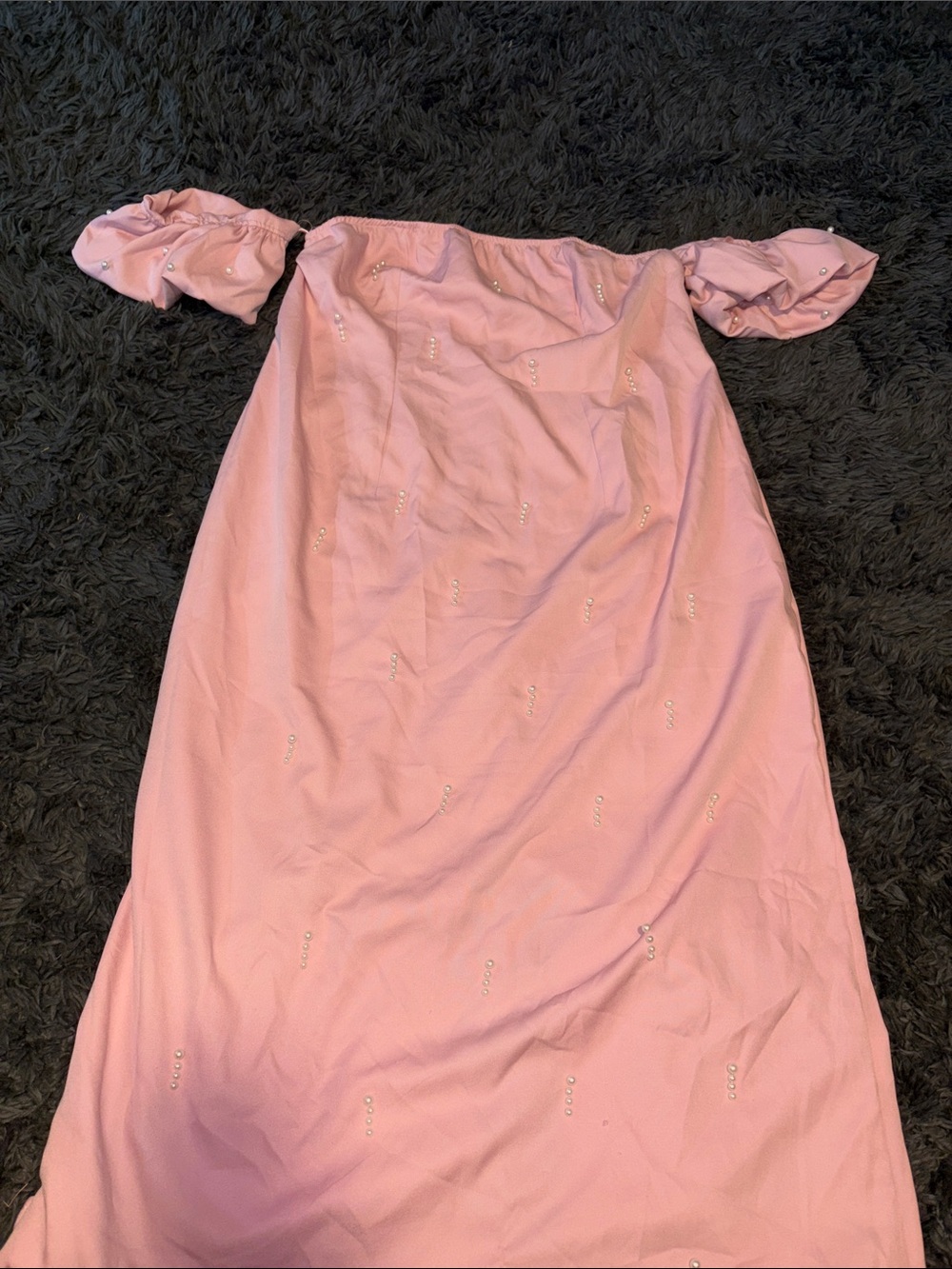 Pink Off-Shoulder Dress with Pearl Accents